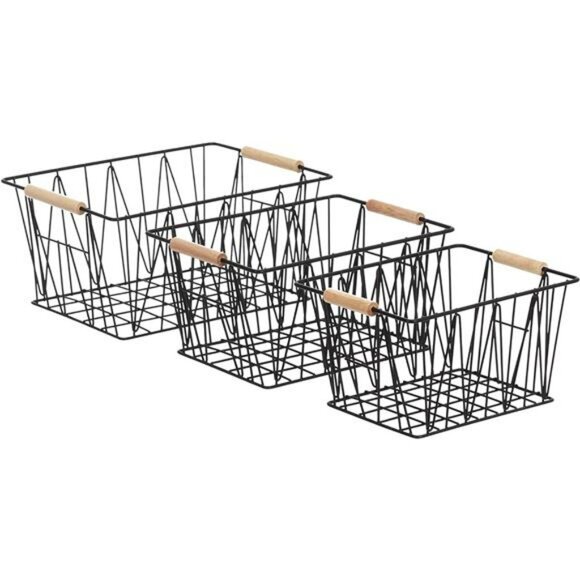 Wire storage baskets set of 3 black metal bins with wood handles home organizati - Picture 1 of 7